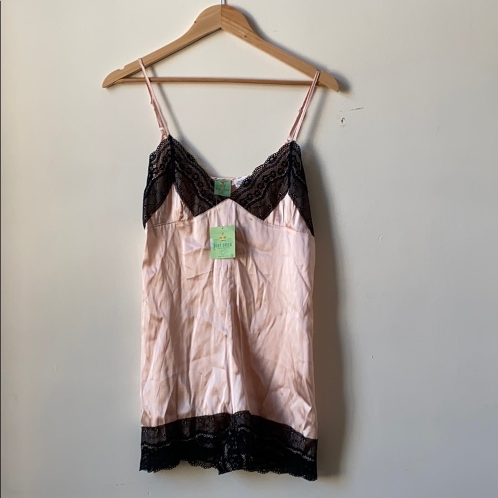 Mary Green pink silk romper black lace trim